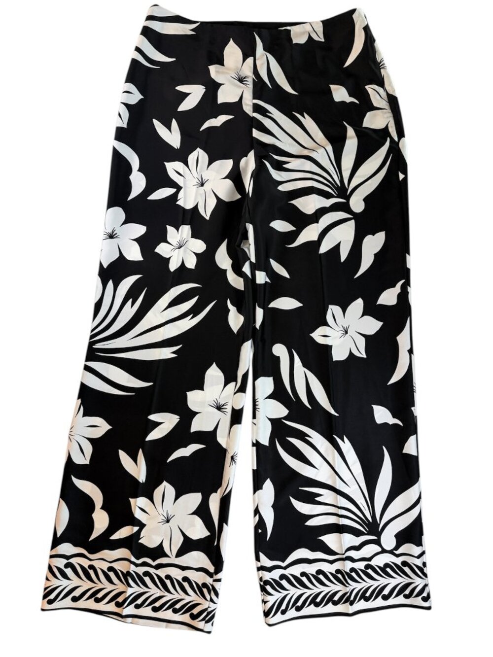 NWT Worthington Wide Leg Pants 14 Black White Tropical Print Floral Palazzo